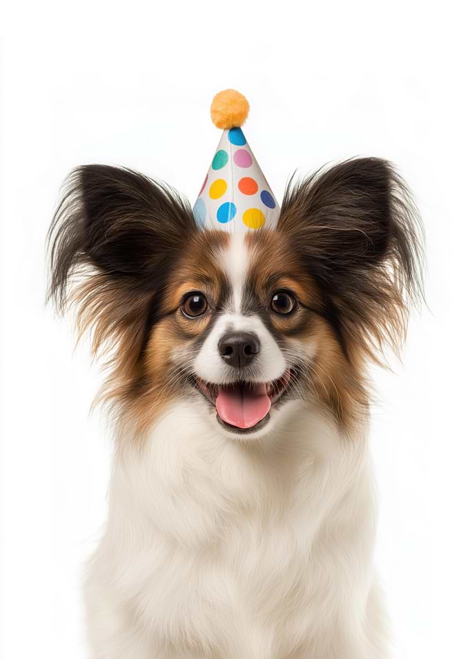 Happy Papillon Dog with Party Hat