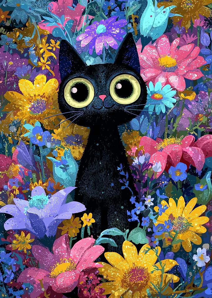 Black Cat in a Flower Garden