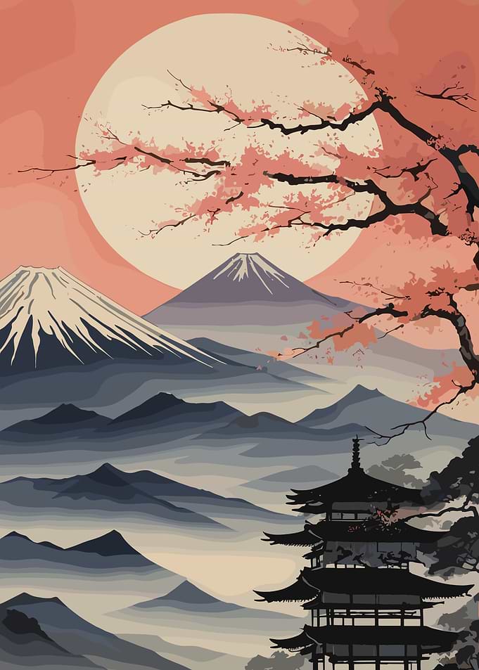 Japanese Landscape with Pagoda and Mountains