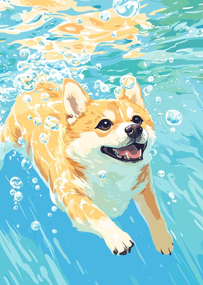 Corgi Swimming Underwater with Bubbles