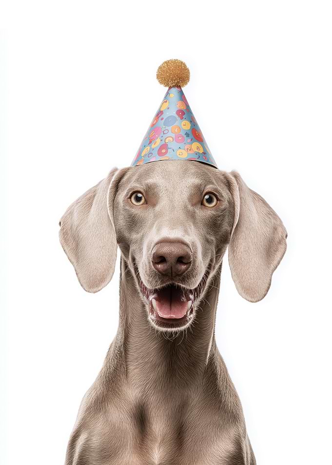Smiling Weimaraner Dog with Party Hat