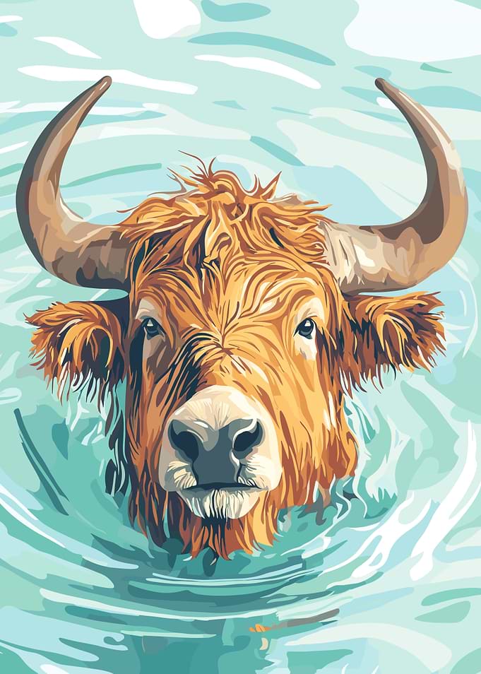 Swimming Highland Cow Illustration