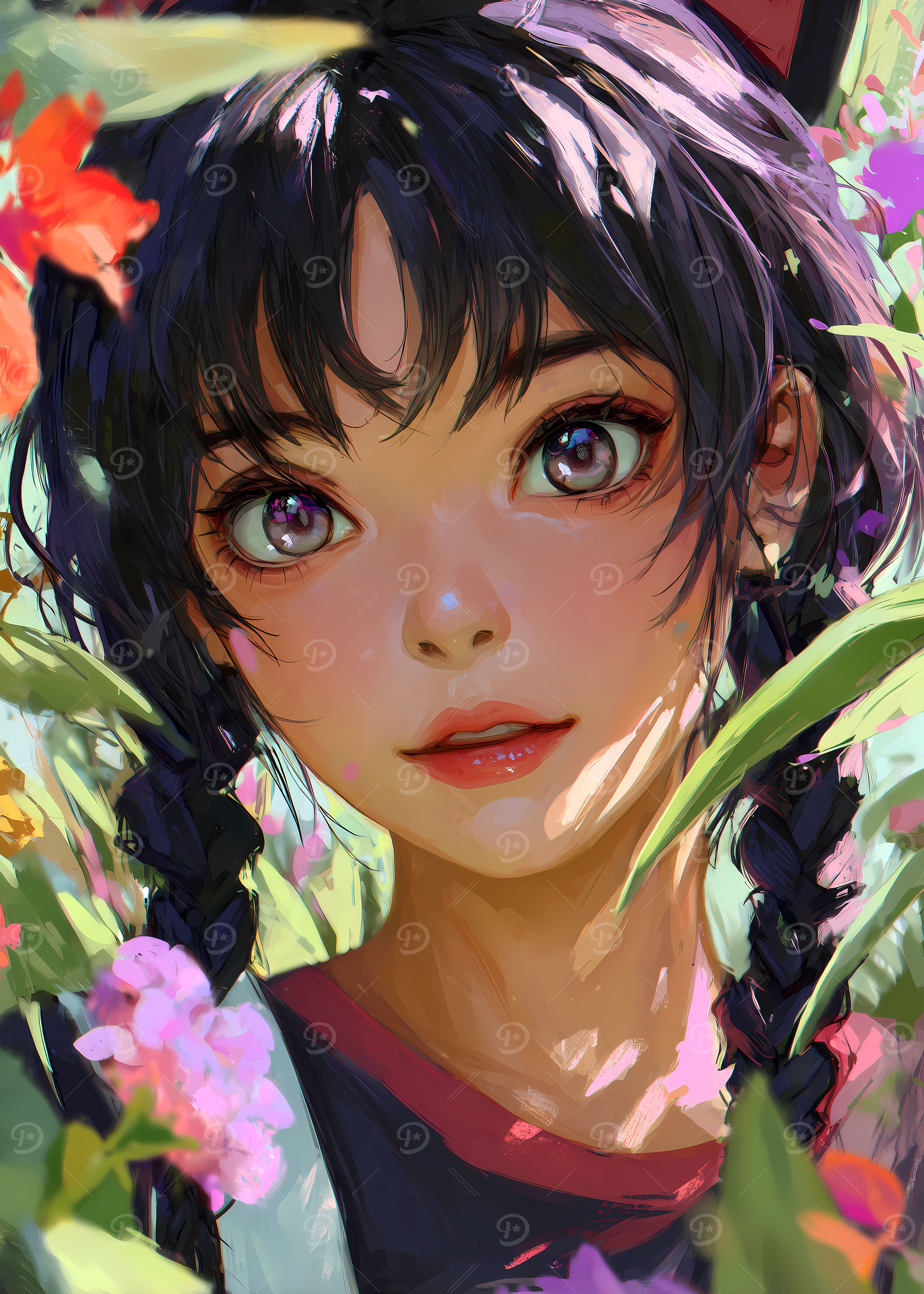 Anime Girl Portrait with Floral Background