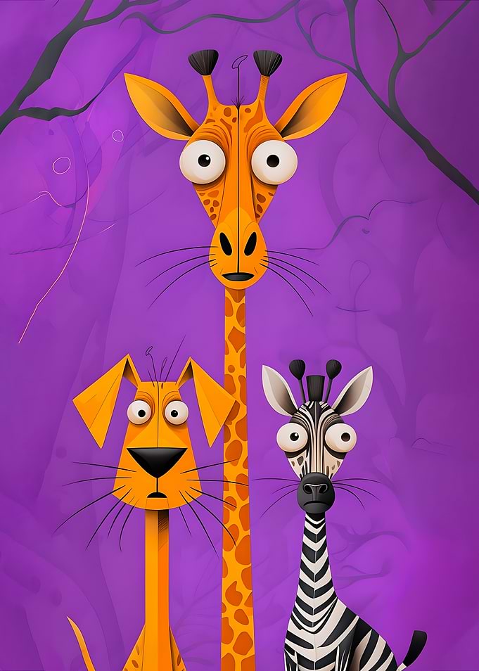 Cartoon Giraffe, Dog, and Zebra Portrait