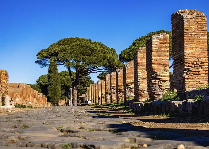Ancient Roman Road with Ruins in Ostia Antica