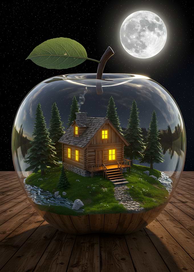 Cabin in an Apple Under Moonlight
