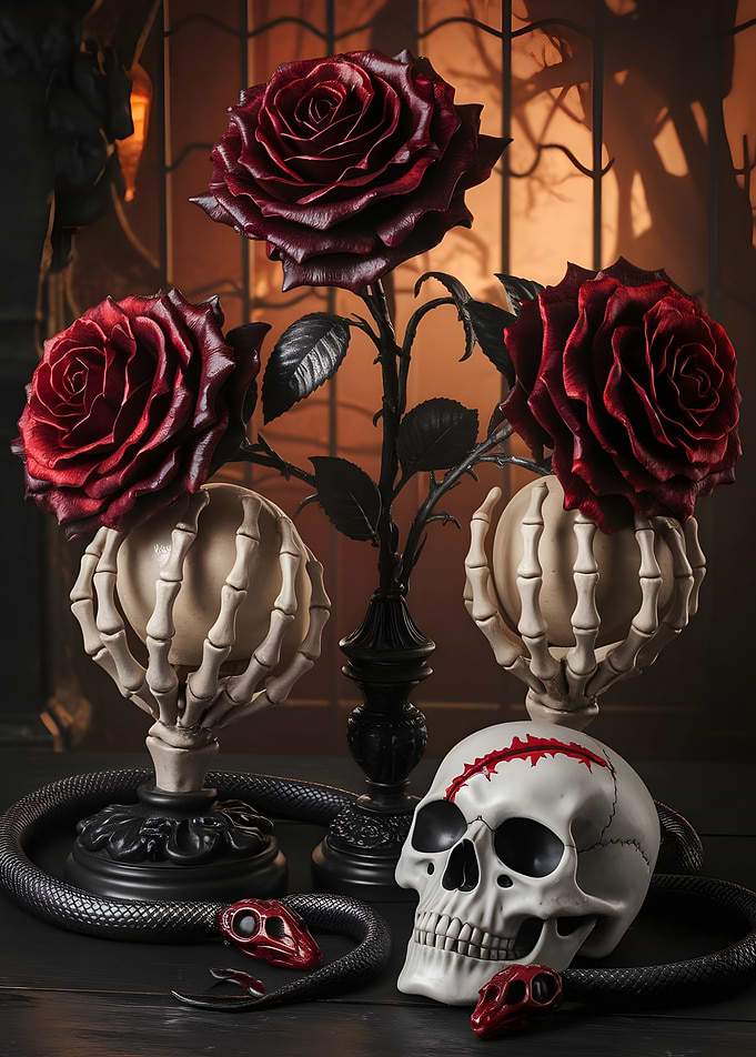 Gothic Roses, Skull, and Snake Still Life
