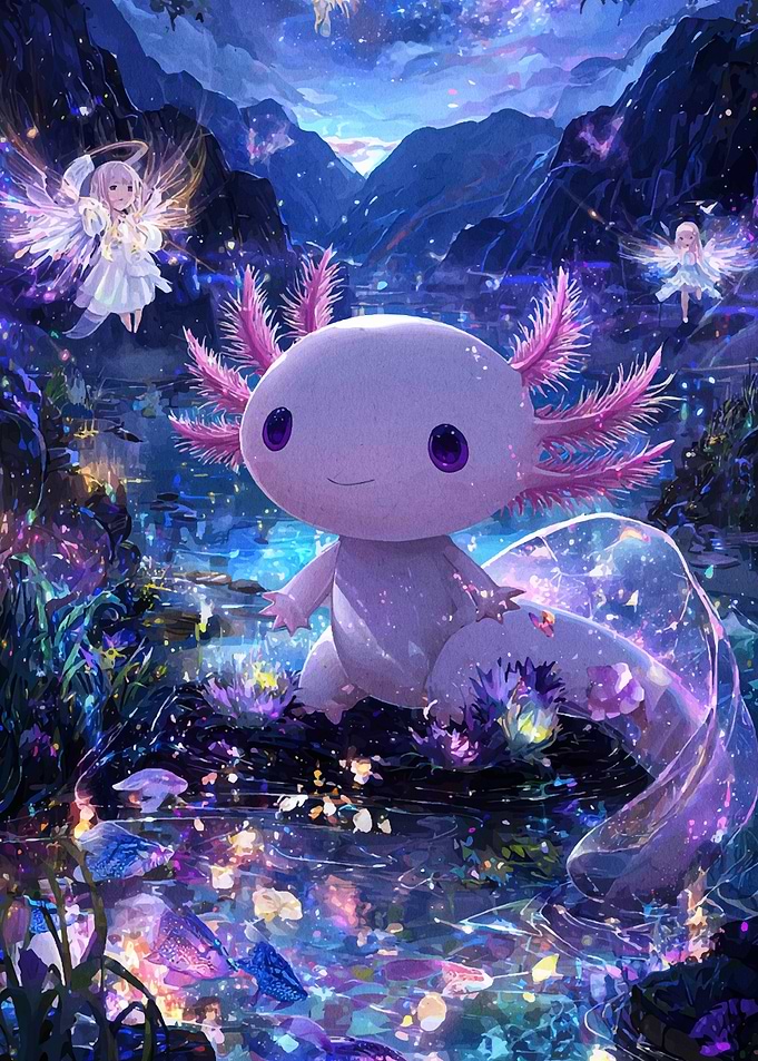 Axolotl with Angels in Fantasy Landscape