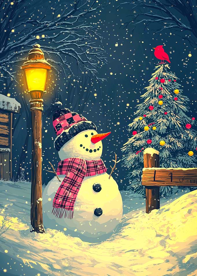 Snowman Christmas Scene with Cardinal