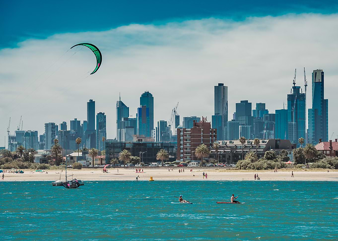 Melbourne cityscape with beach and ocean