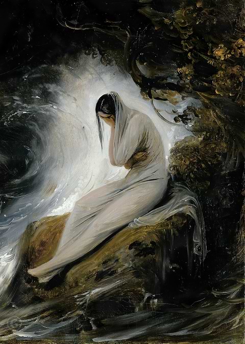 Woman in White Dress by Waterfall