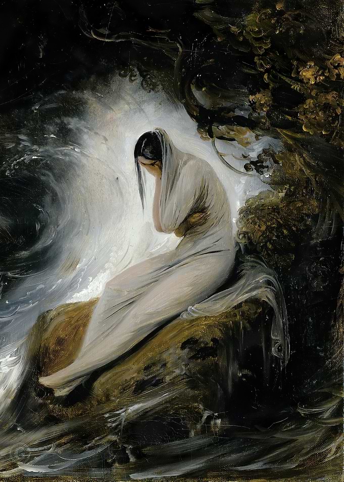 Woman in White Dress by Waterfall