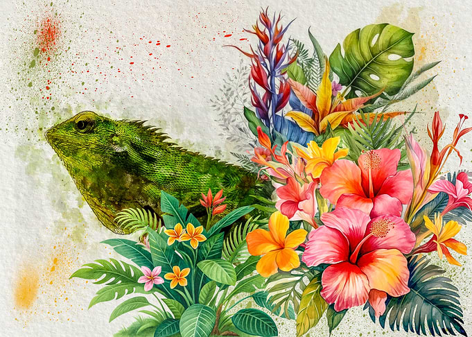 Lizard and Tropical Flowers Watercolor Painting