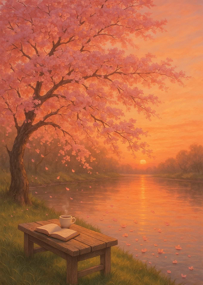 A peaceful riverside scene with cherry blossoms