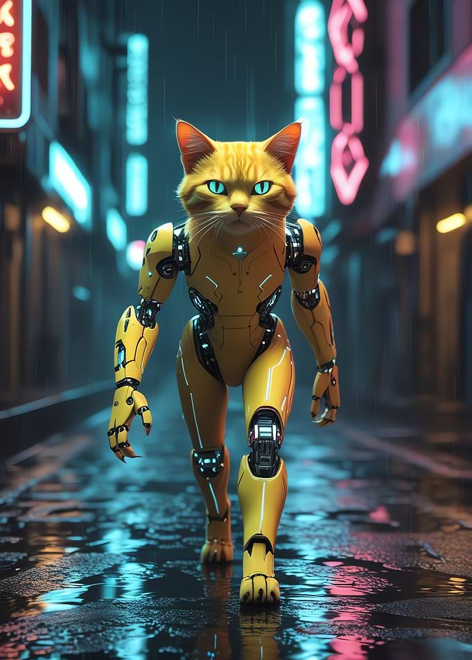 Cat Robot in Rainy City