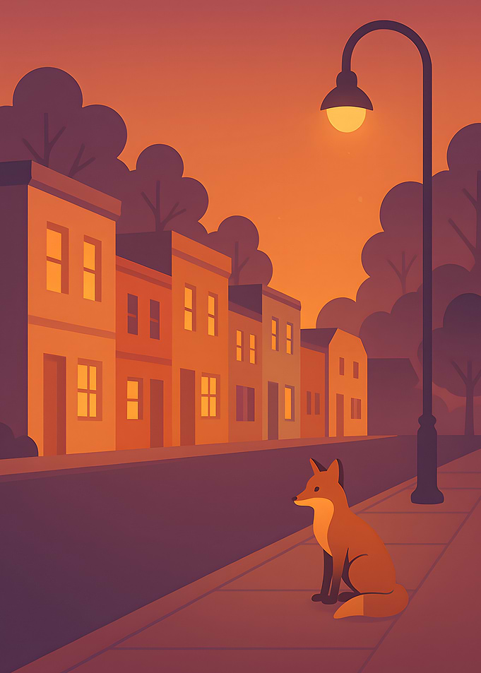 Fox on a Street at Sunset