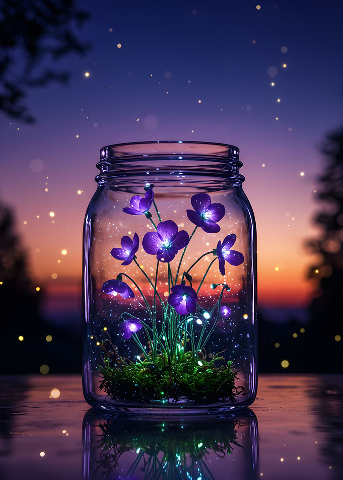 Flowers in a Jar at Sunset