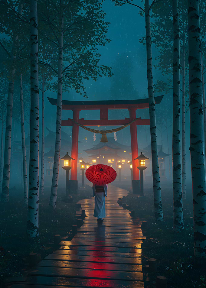 Japanese Shrine in Misty Forest