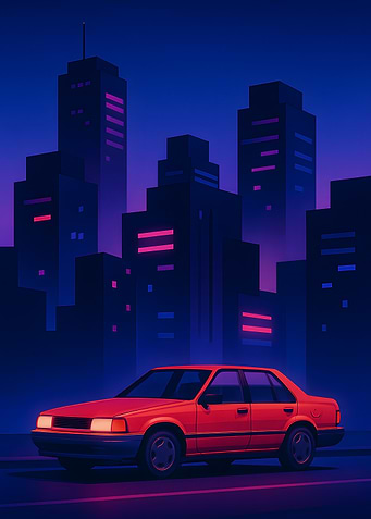 Red Car in a Neon Cityscape