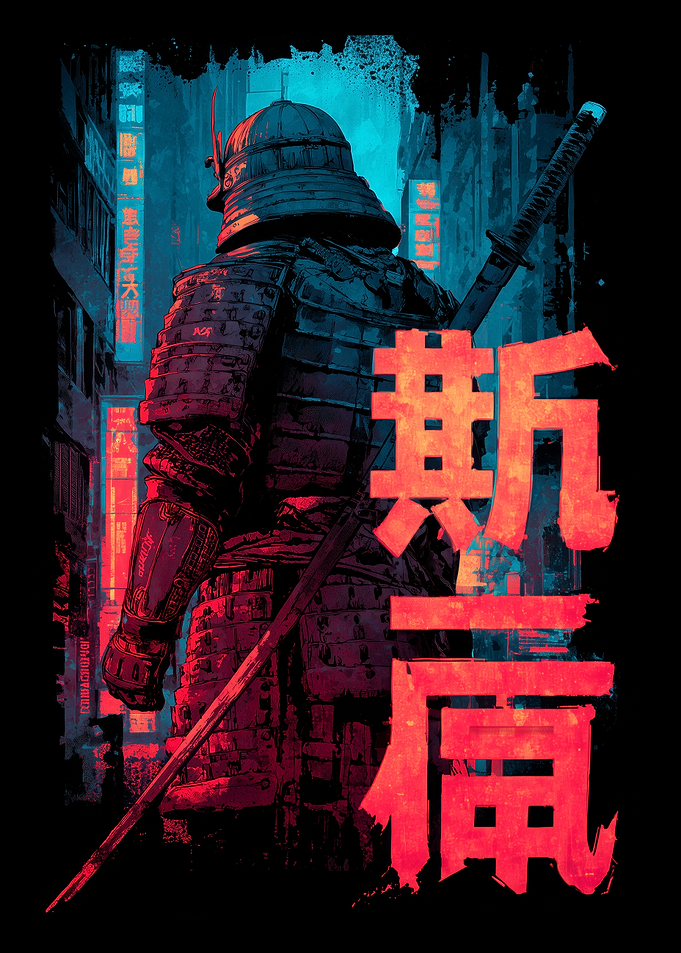 Cyberpunk Samurai with Japanese Text