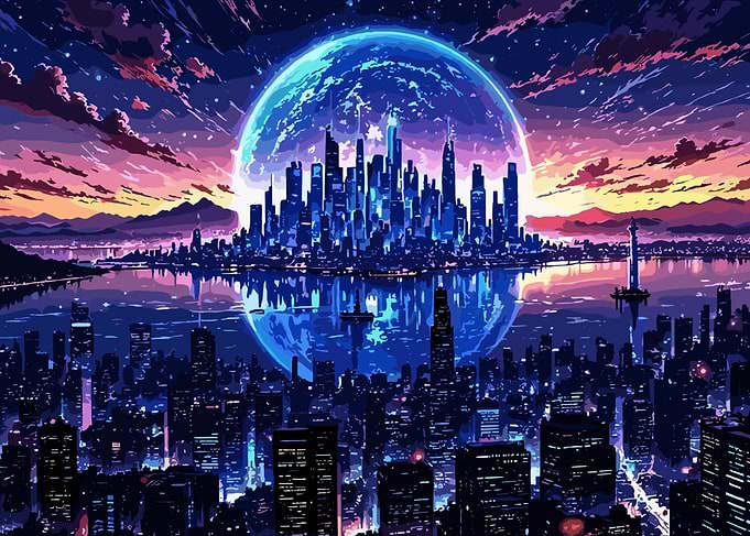 Futuristic Cityscape with Planet Backdrop