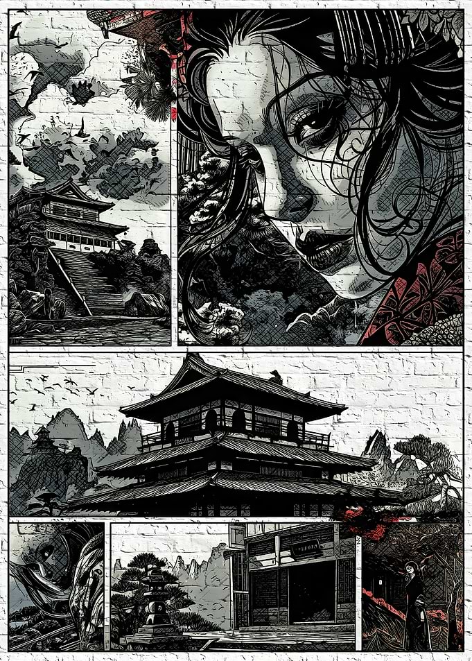 Japanese Comic Panel with Geisha and Temple