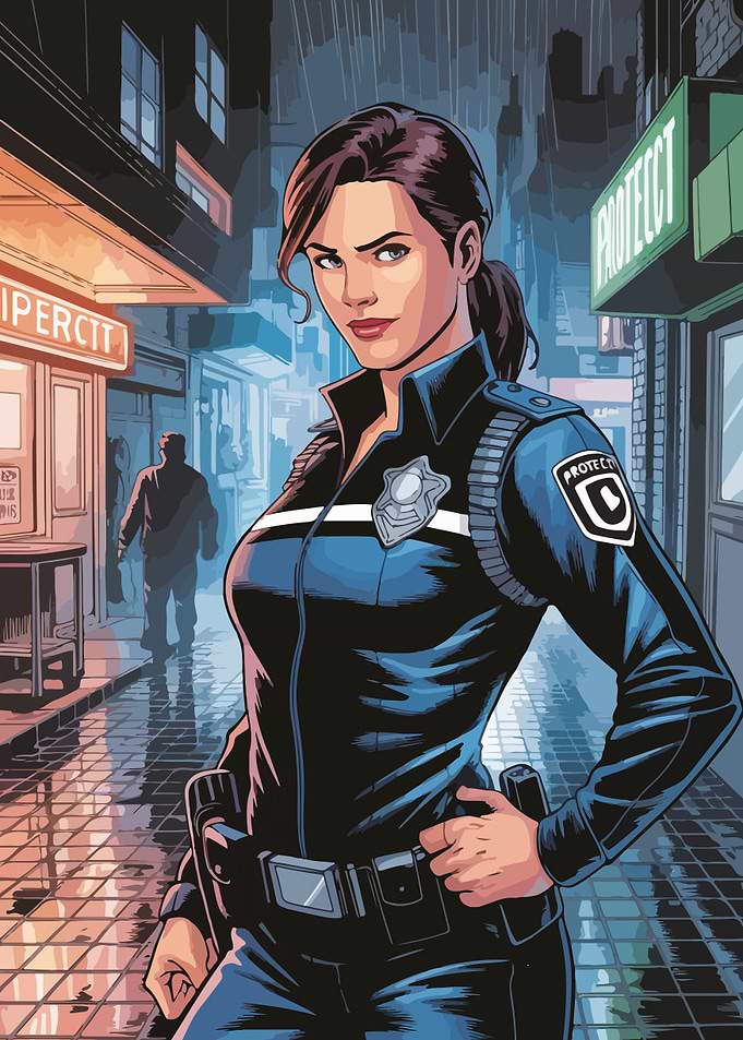 Female Police Officer in Rainy City