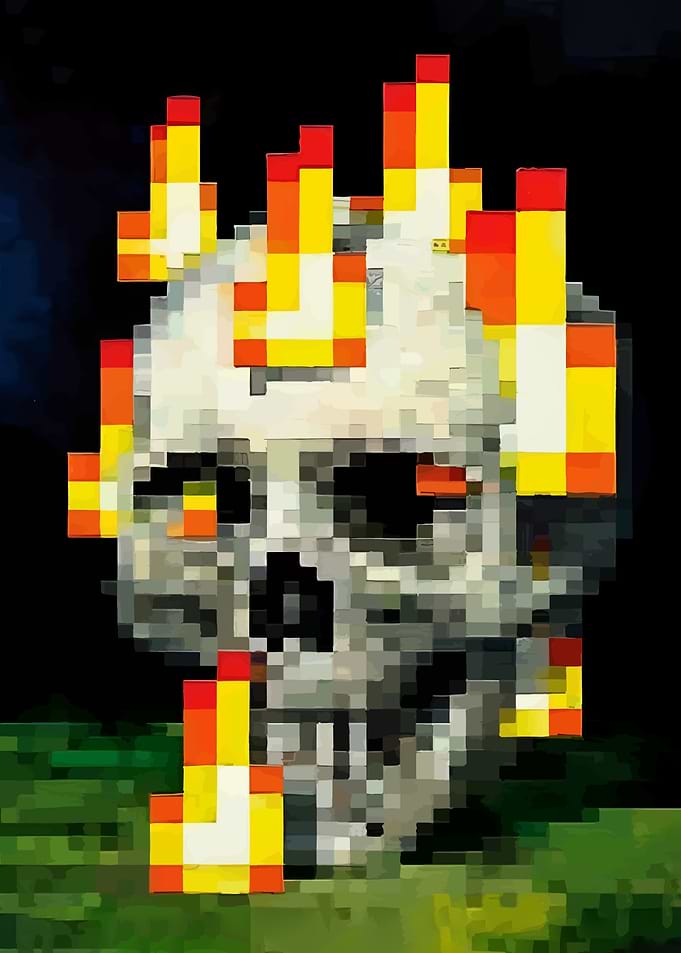 Pixelated Skull with Flames