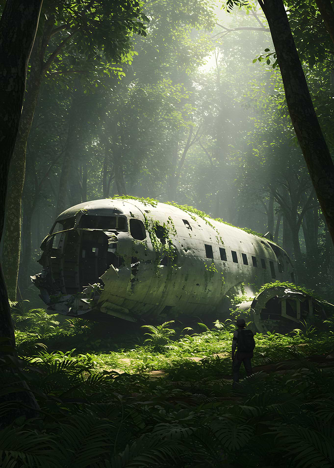 Overgrown Airplane Wreck in Jungle