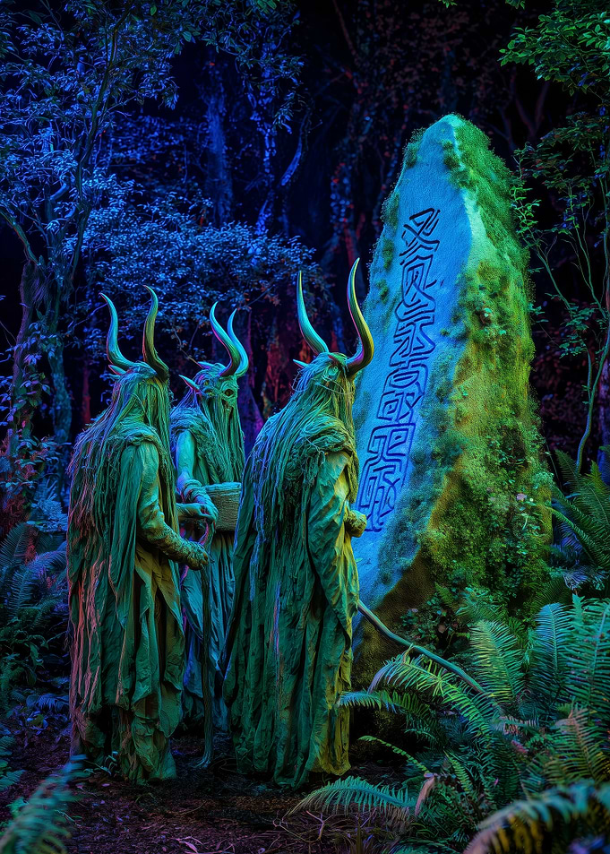 Mystical Forest Ritual with Horned Figures