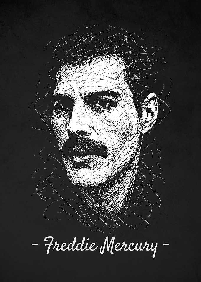 Freddie Mercury Portrait - Black and White Scribble Art