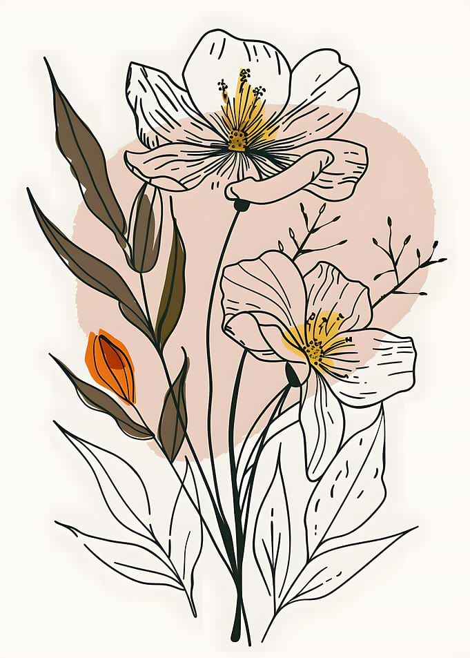Floral Line Art with Abstract Background