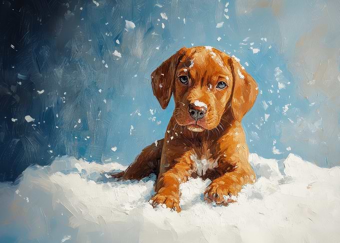 Vizsla Puppy in Snow | Winter Puppy Painting