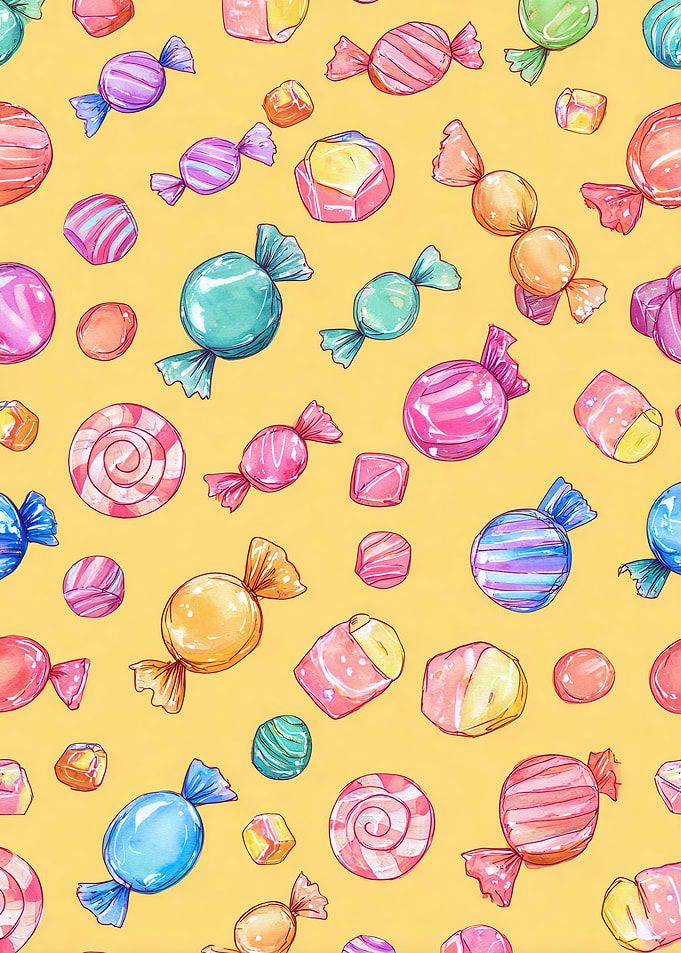Colorful Candy Pattern on Yellow Background