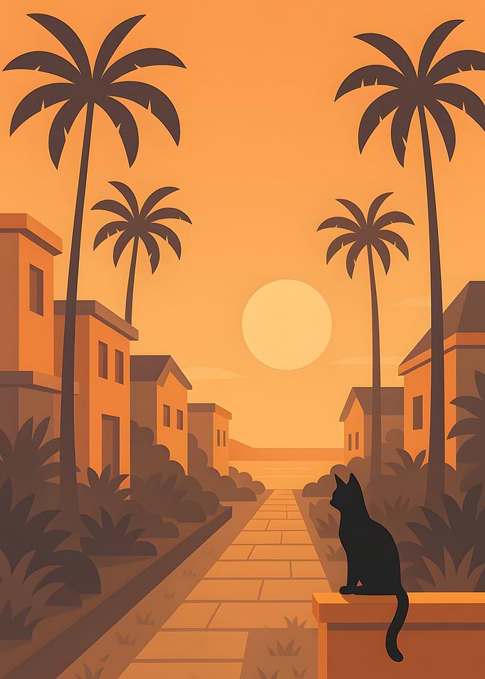Sunset Cat Palm Tree Vector Art