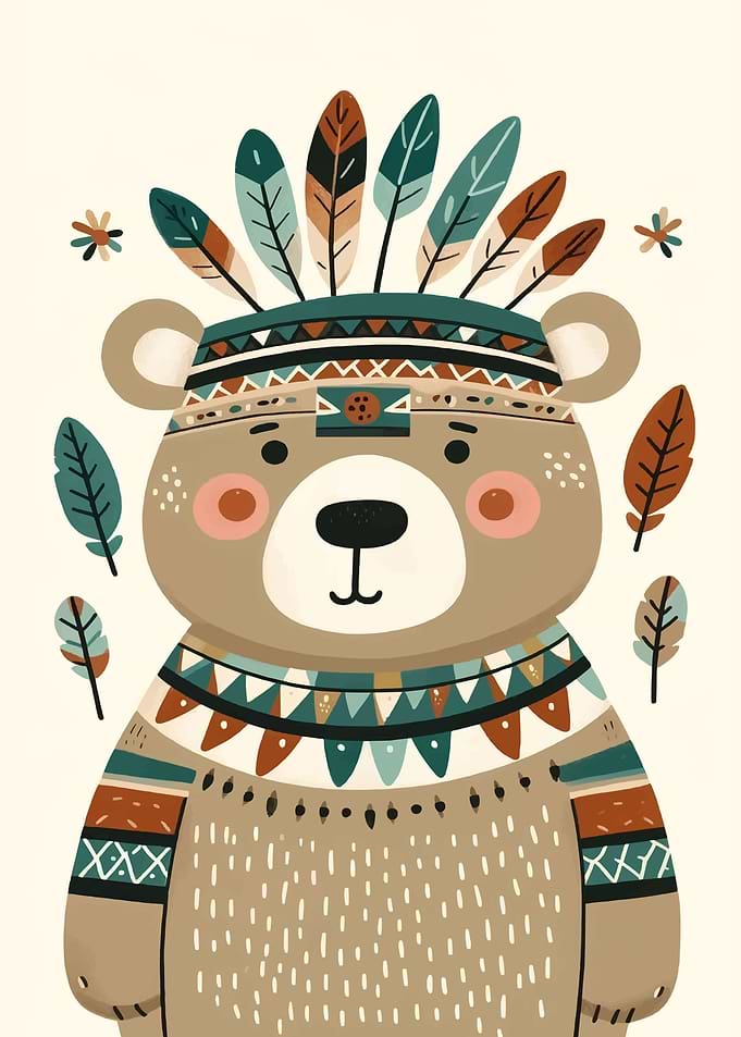 Cartoon Bear with Feathers Headdress