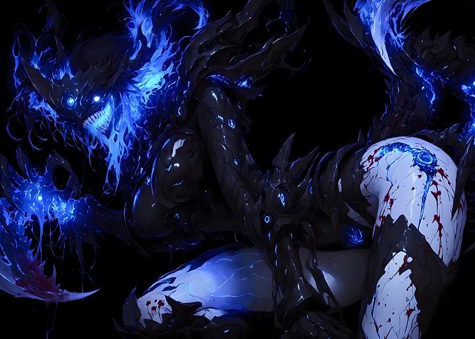 Dark Fantasy Creature with Blue Flames