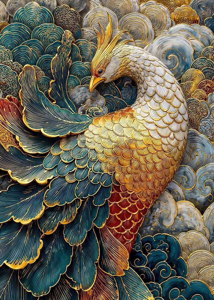 Majestic Gold & Teal Phoenix in Swirling Clouds. Japanese & Chinoiserie Inspired Wall Art.