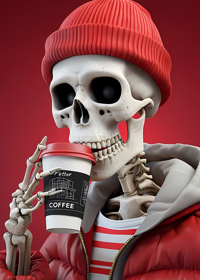 Skeleton with Coffee Cup and Beanie