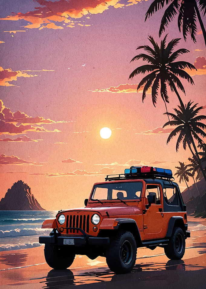 Orange Jeep Beach Sunset