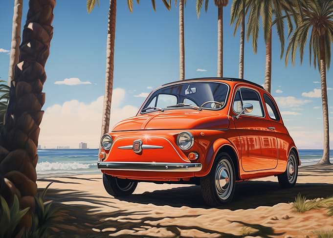 Orange Fiat 500 on Beach
