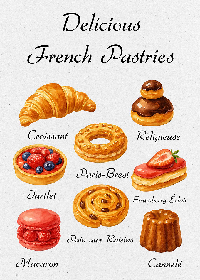 Delicious French Pastries Watercolor Illustration