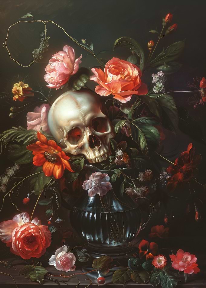 Skull and Flowers Still Life Painting