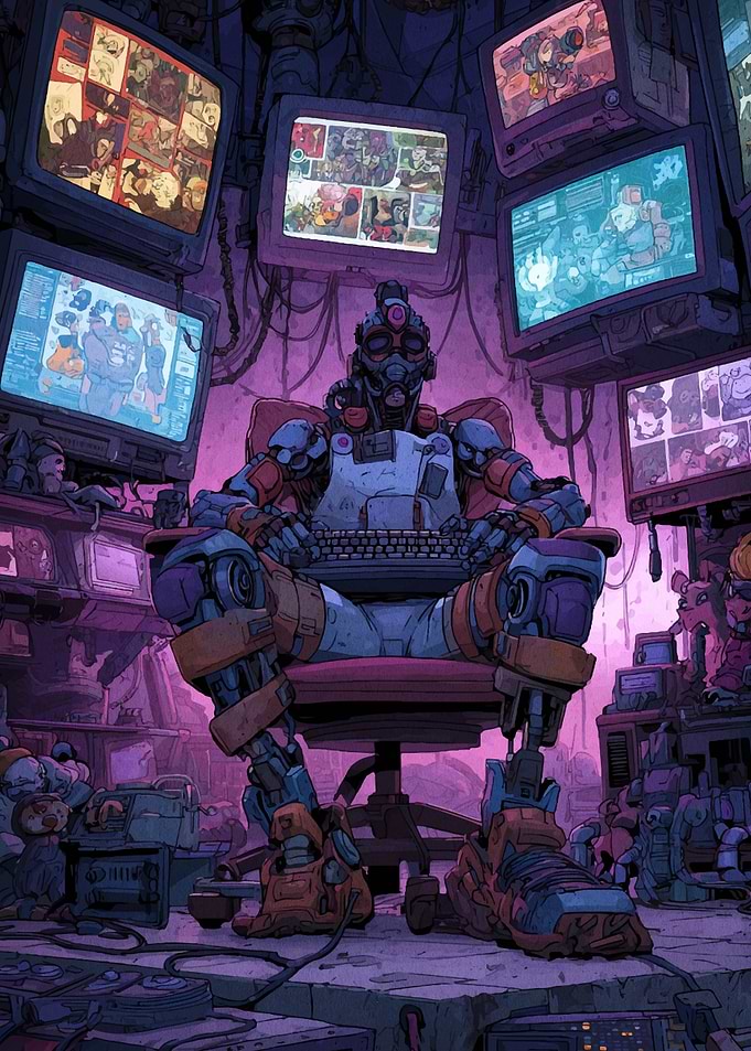 Cyberpunk Robot in Monitor-Filled Room
