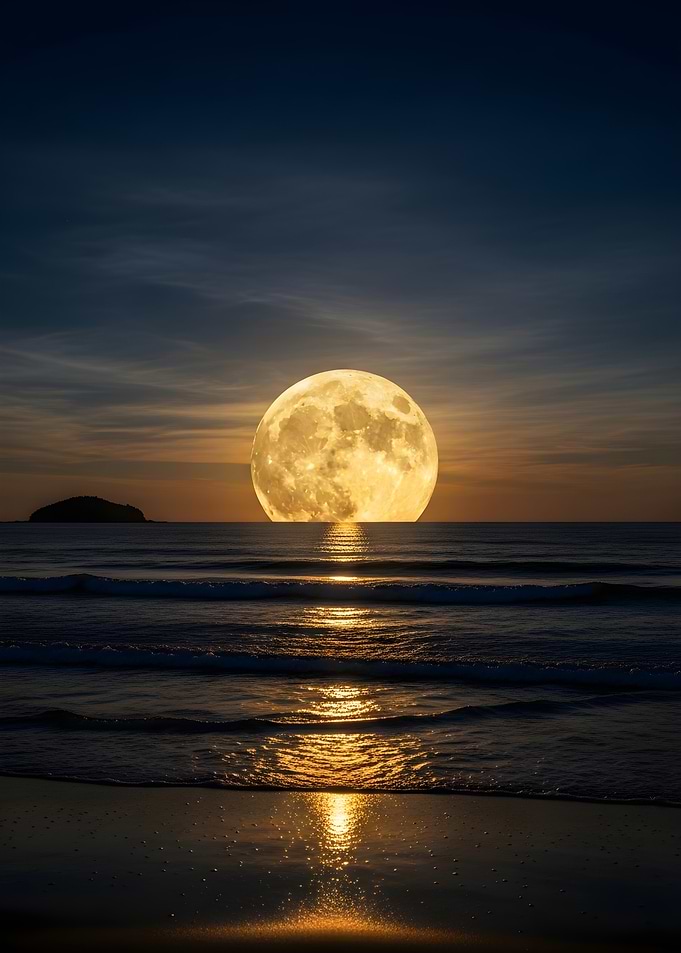 Full Moon Over Ocean at Night
