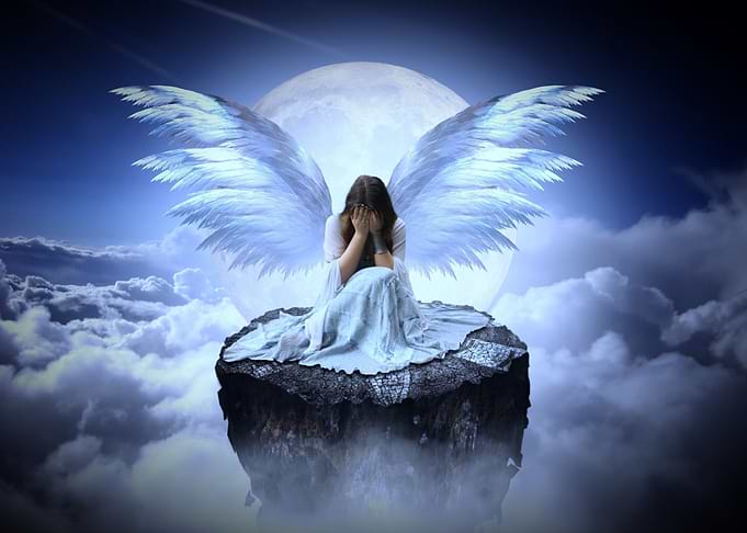 crying angel on floating island