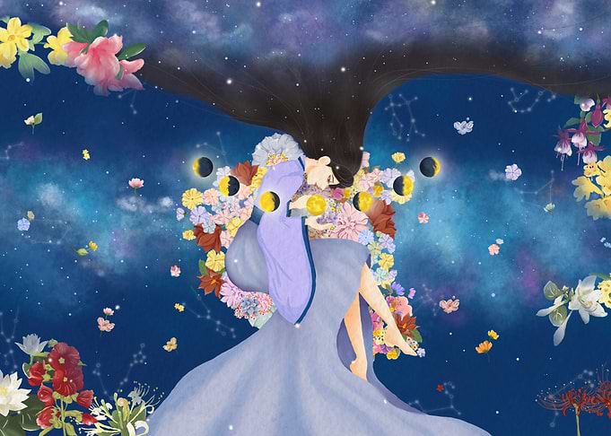 celestial woman in floral embrace
