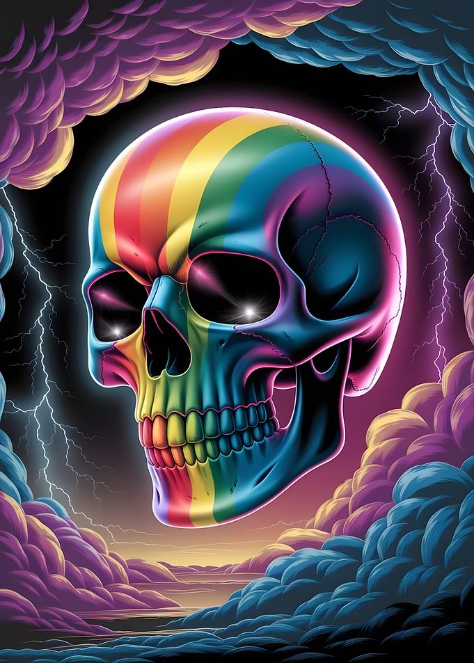 Rainbow Skull with Lightning and Clouds