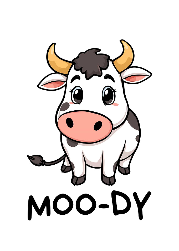 Cartoon Cow with 'MOO-DY' Text