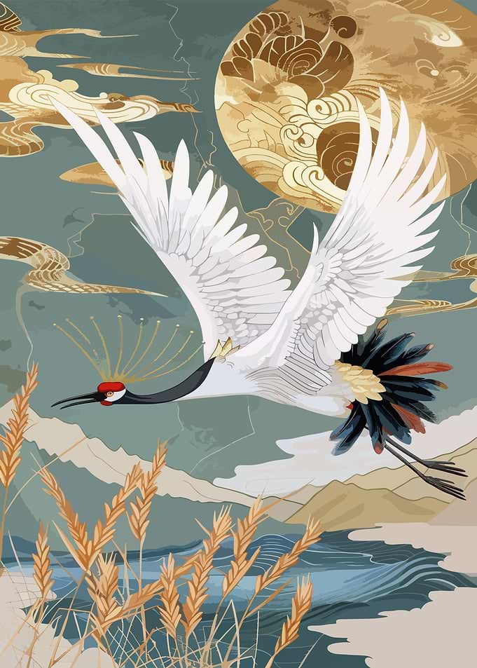 Crane in Flight with Moon